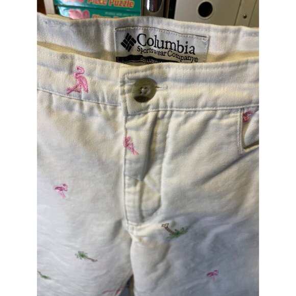 Columbia White Summer Palm Tree Flamingo Embroidered Cropped Pants Sz 6 - Picture 7 of 8